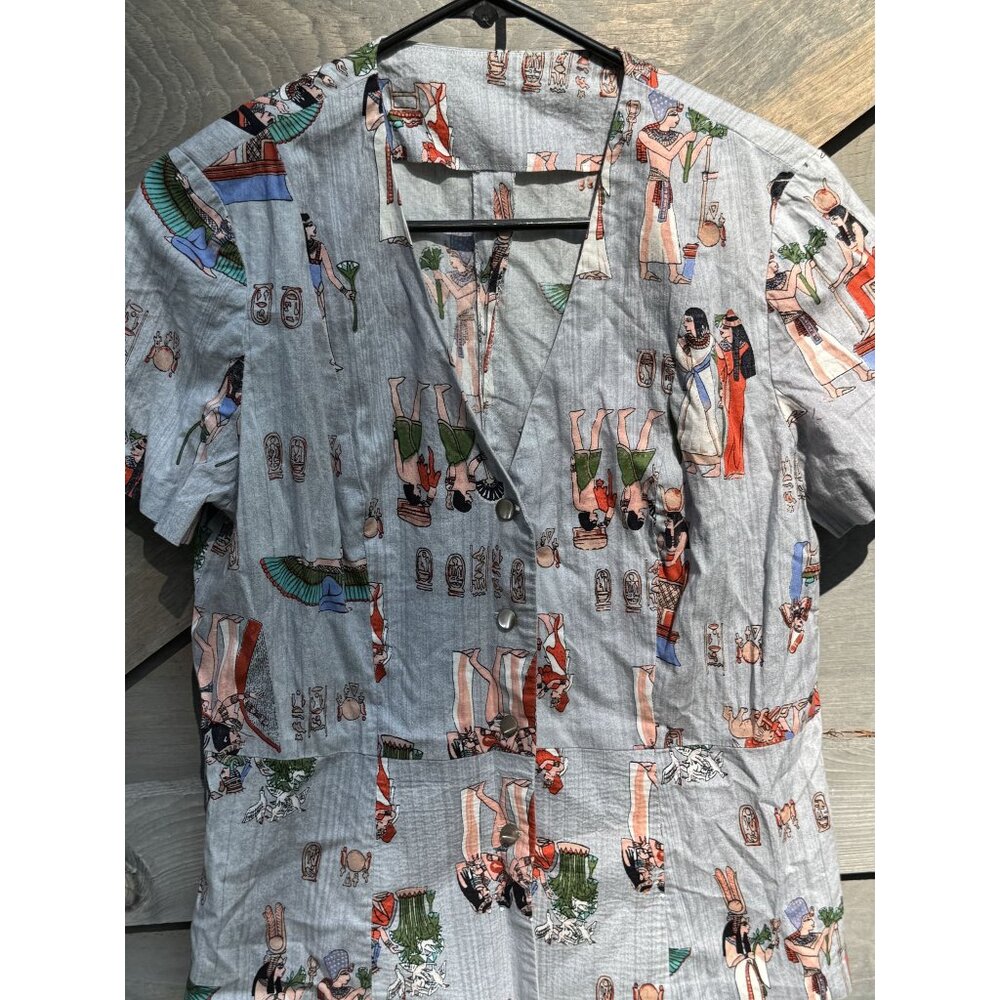 Vintage Egyptian-Themed Button-Up Short-Sleeve Shirt L